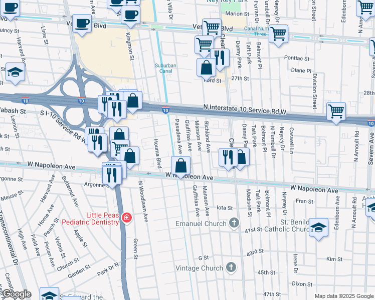 map of restaurants, bars, coffee shops, grocery stores, and more near 2304 Giuffrias Avenue in Metairie
