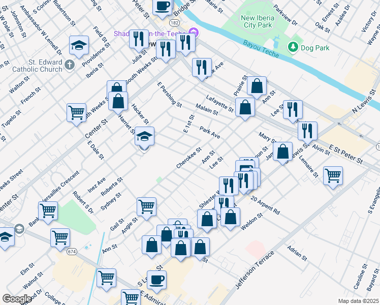 map of restaurants, bars, coffee shops, grocery stores, and more near 605 Edwin Street in New Iberia