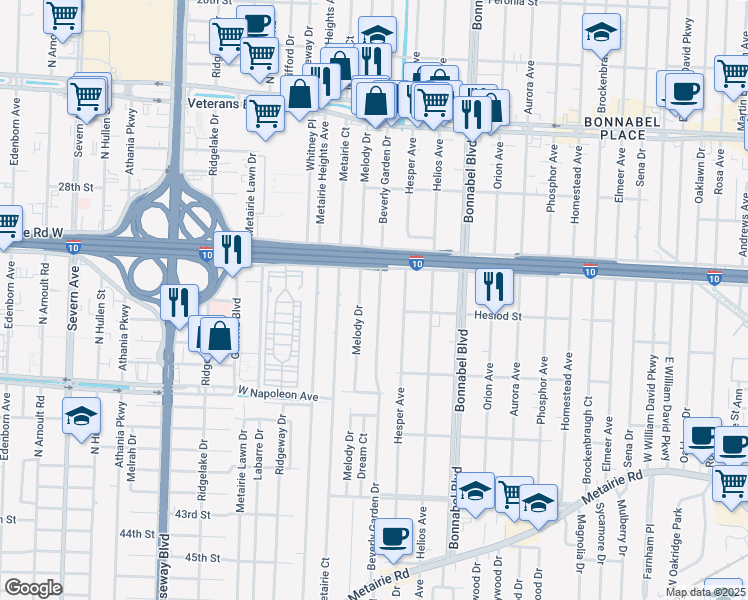 map of restaurants, bars, coffee shops, grocery stores, and more near 508 Beverly Garden Drive in Metairie