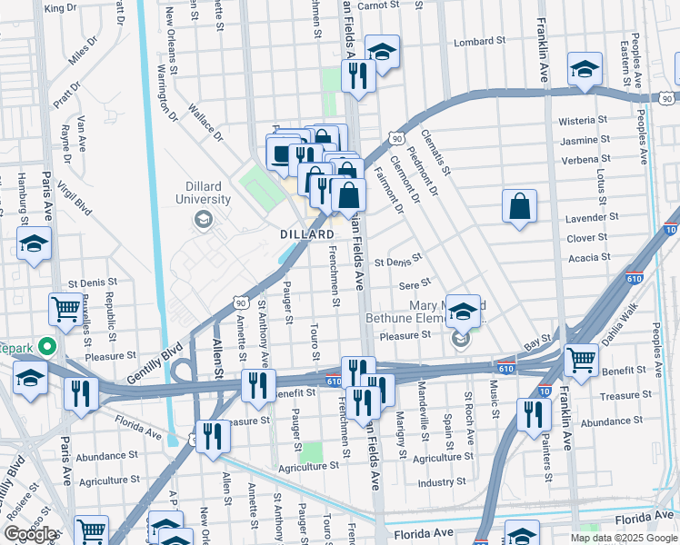 map of restaurants, bars, coffee shops, grocery stores, and more near 3635 Frenchmen Street in New Orleans