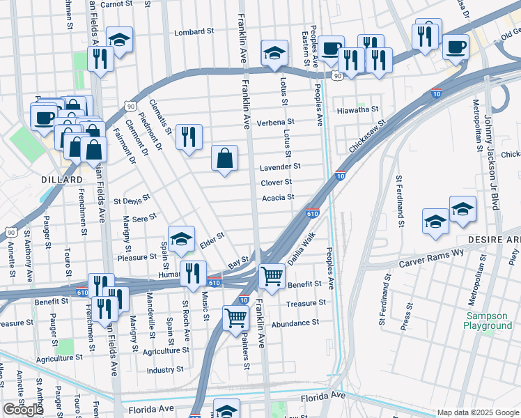 map of restaurants, bars, coffee shops, grocery stores, and more near 3613 Franklin Avenue in New Orleans