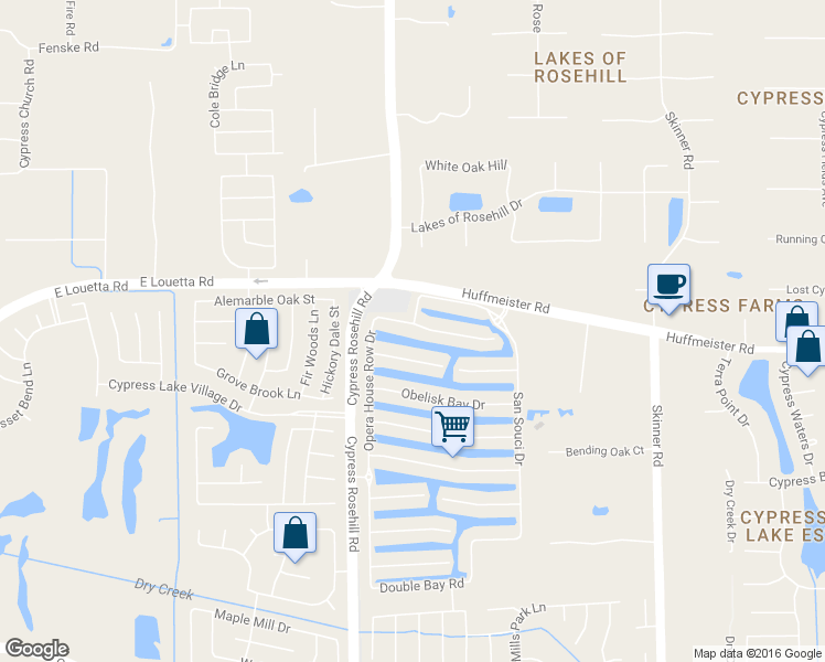 map of restaurants, bars, coffee shops, grocery stores, and more near 17903 Camp Cove Drive in Cypress