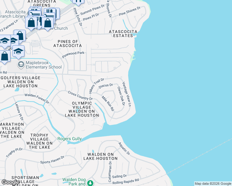 map of restaurants, bars, coffee shops, grocery stores, and more near 19019 Owen Oak Drive in Humble