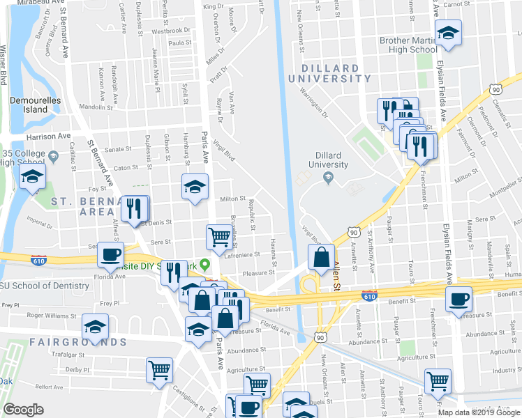 map of restaurants, bars, coffee shops, grocery stores, and more near 3816 Havana Place in New Orleans