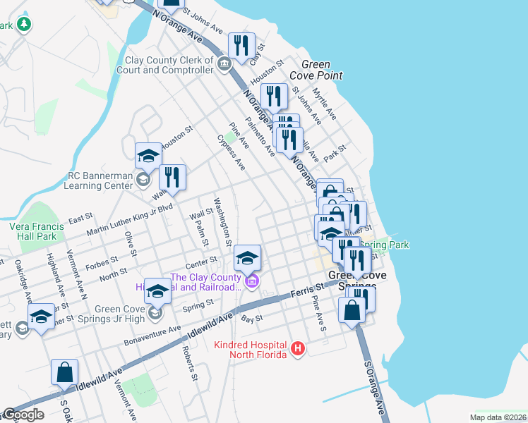 map of restaurants, bars, coffee shops, grocery stores, and more near 401 Cypress Avenue in Green Cove Springs