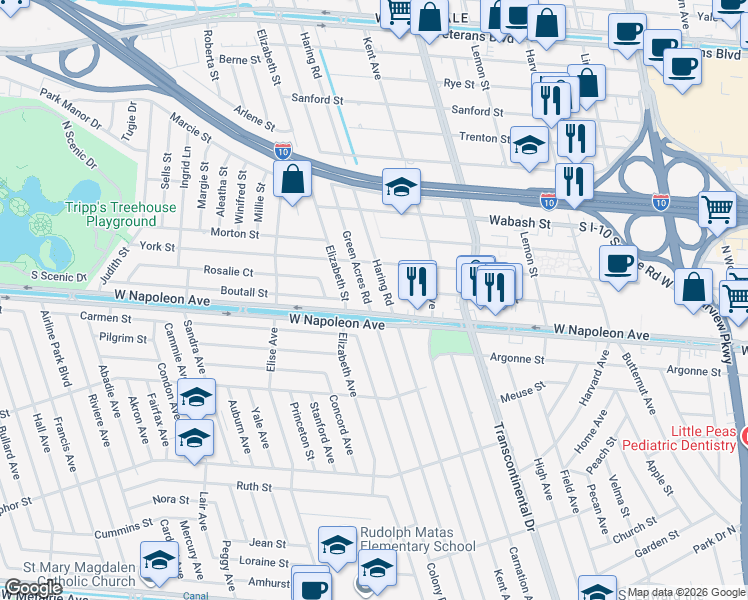 map of restaurants, bars, coffee shops, grocery stores, and more near 1012 Neyrey Drive in Metairie