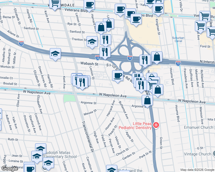 map of restaurants, bars, coffee shops, grocery stores, and more near 4833 Zenith Street in Metairie
