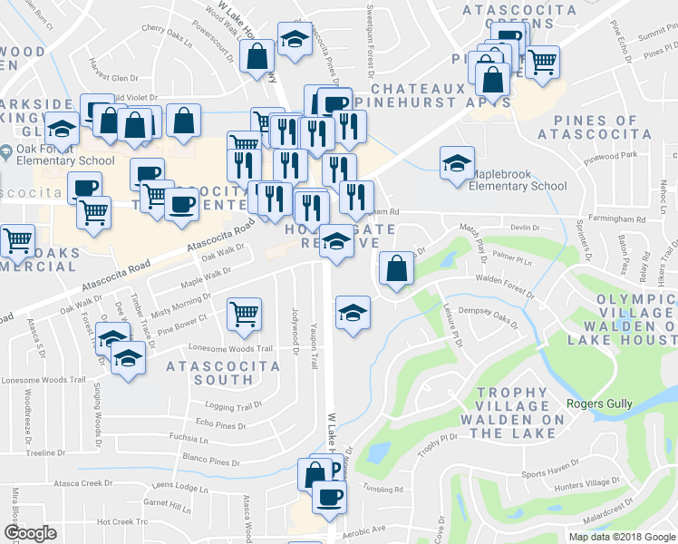 map of restaurants, bars, coffee shops, grocery stores, and more near 19120 West Lake Houston Parkway in Humble