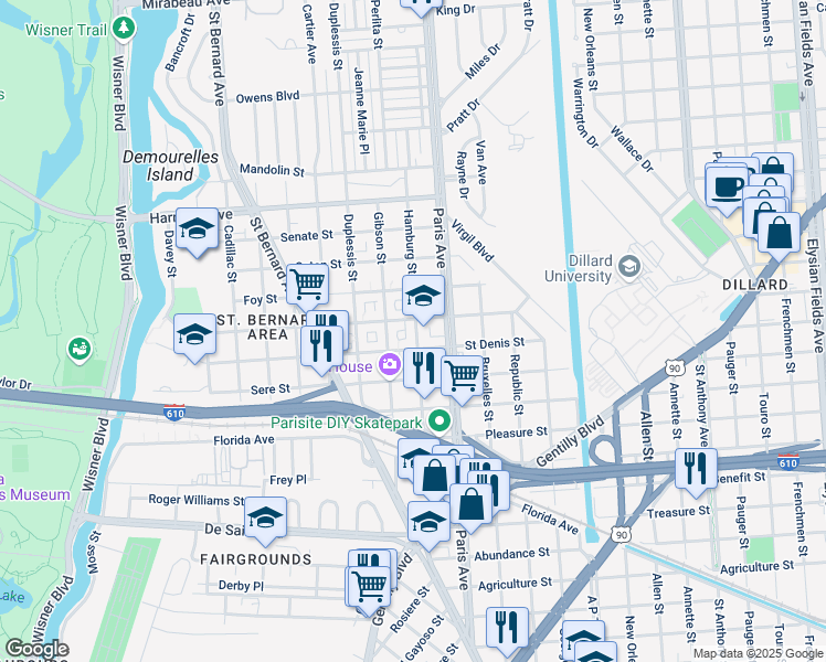 map of restaurants, bars, coffee shops, grocery stores, and more near 3754 Hamburg Street in New Orleans