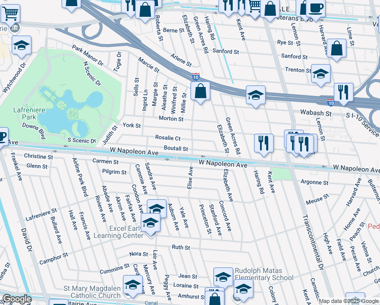map of restaurants, bars, coffee shops, grocery stores, and more near 2201 Elise Avenue in Metairie