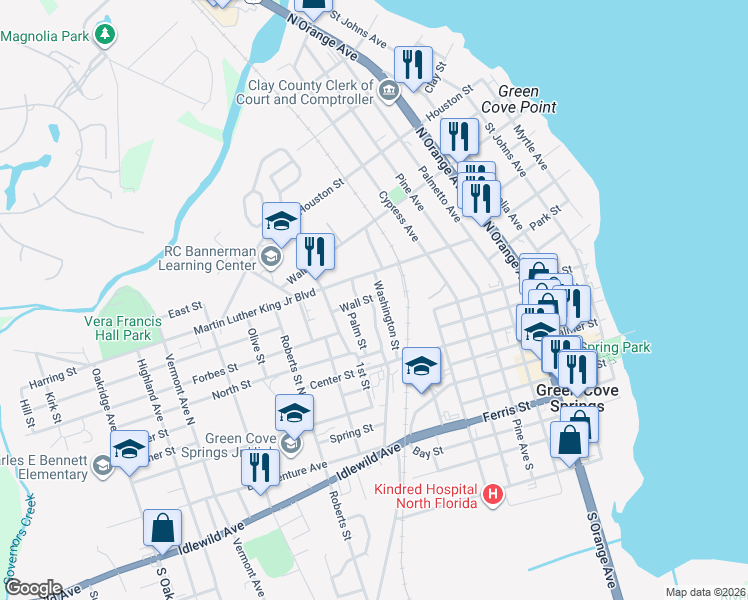 map of restaurants, bars, coffee shops, grocery stores, and more near 416 Harrison Street in Green Cove Springs
