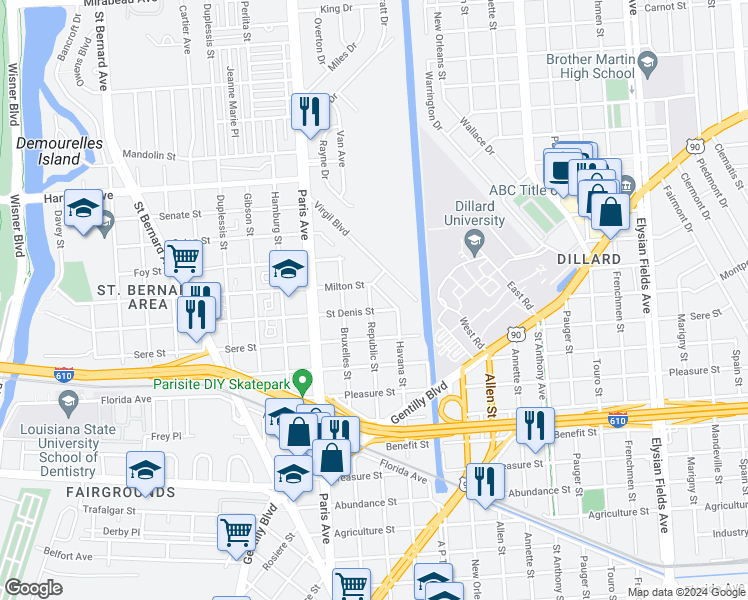 map of restaurants, bars, coffee shops, grocery stores, and more near 3739 Republic Street in New Orleans