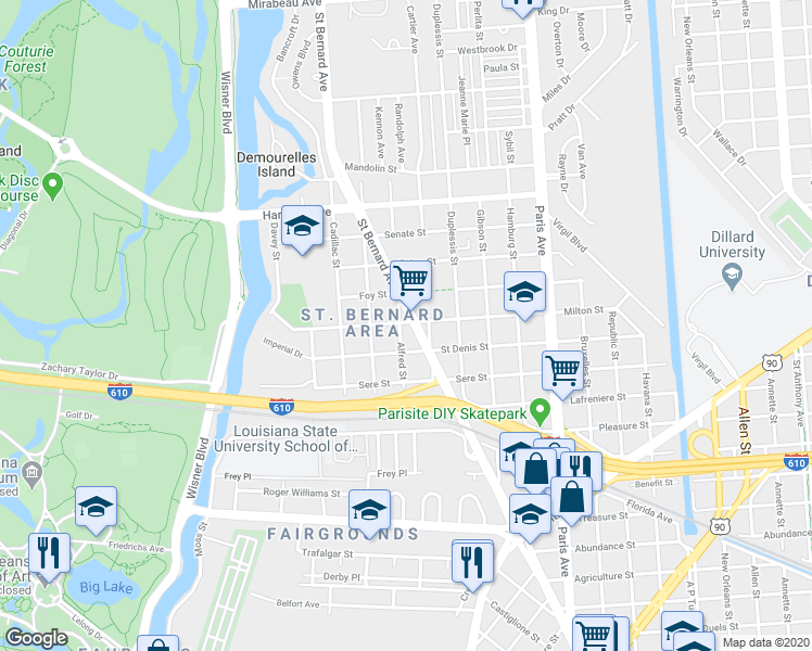 map of restaurants, bars, coffee shops, grocery stores, and more near 3740 Saint Bernard Avenue in New Orleans