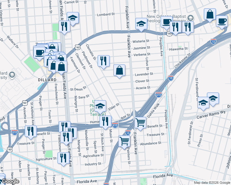 map of restaurants, bars, coffee shops, grocery stores, and more near 3618 Clematis Street in New Orleans