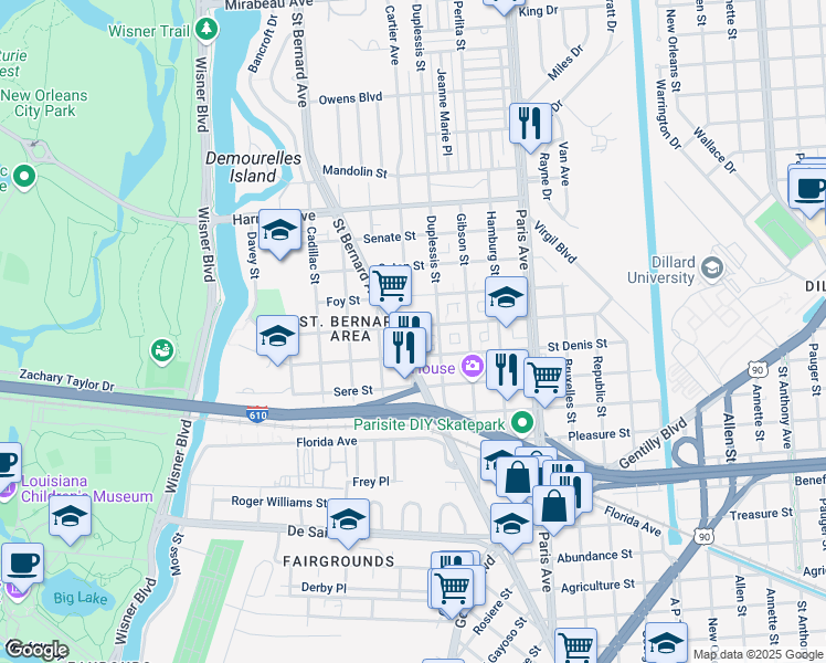 map of restaurants, bars, coffee shops, grocery stores, and more near 1400 Milton Street in New Orleans