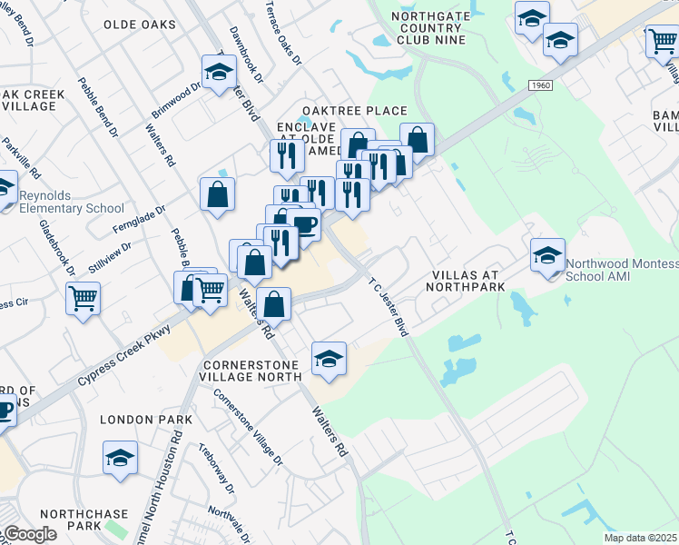 map of restaurants, bars, coffee shops, grocery stores, and more near 15505 Bammel North Houston Road in Houston