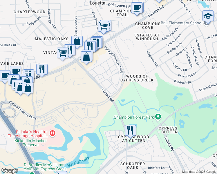 map of restaurants, bars, coffee shops, grocery stores, and more near 15300 Cutten Road in Houston