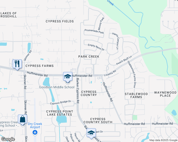 map of restaurants, bars, coffee shops, grocery stores, and more near 16718 Huffmeister Road in Cypress