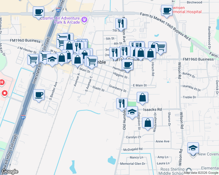 map of restaurants, bars, coffee shops, grocery stores, and more near 702 Granberry Street in Humble