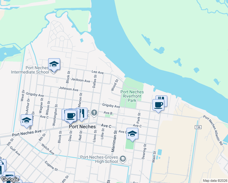 map of restaurants, bars, coffee shops, grocery stores, and more near 817 Wood St in Port Neches