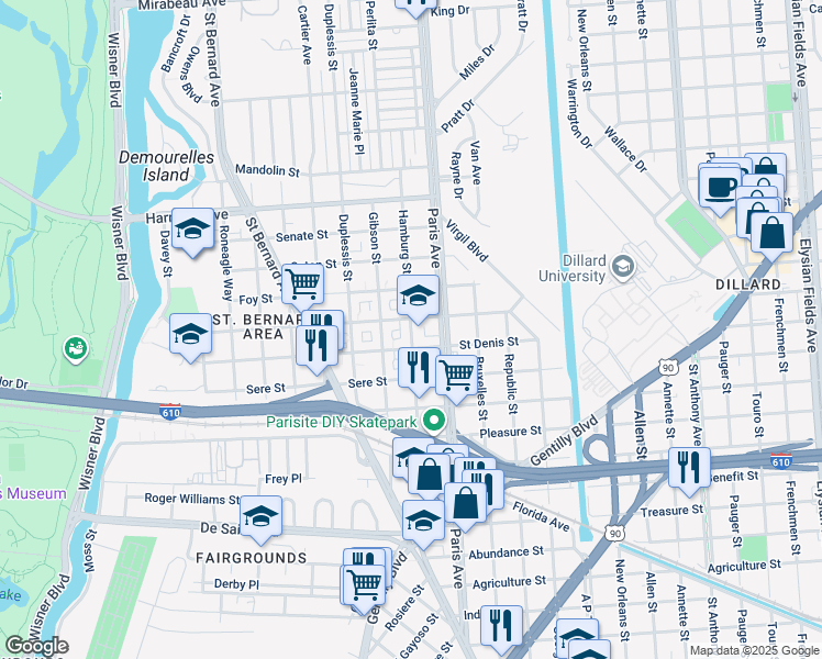 map of restaurants, bars, coffee shops, grocery stores, and more near 3756 Hamburg Street in New Orleans