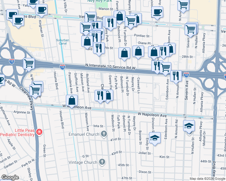 map of restaurants, bars, coffee shops, grocery stores, and more near 2305 Taft Park in Metairie