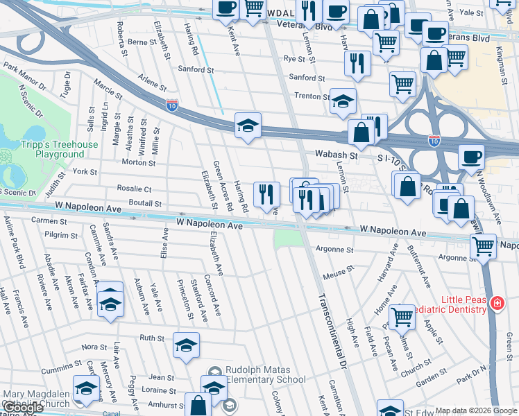 map of restaurants, bars, coffee shops, grocery stores, and more near 5212 Zenith Street in Metairie