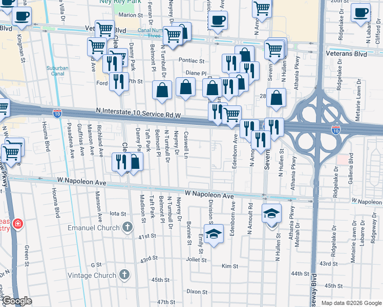 map of restaurants, bars, coffee shops, grocery stores, and more near 2412 Caswell Lane in Metairie