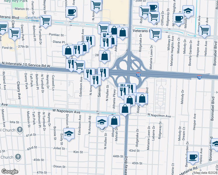 map of restaurants, bars, coffee shops, grocery stores, and more near 2324 North Hullen Street in Metairie