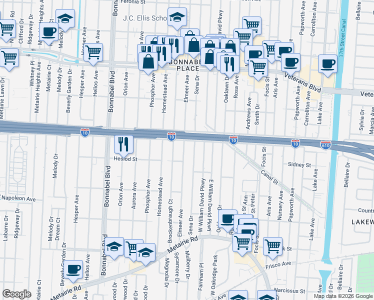 map of restaurants, bars, coffee shops, grocery stores, and more near 420 Elmeer Avenue in Metairie