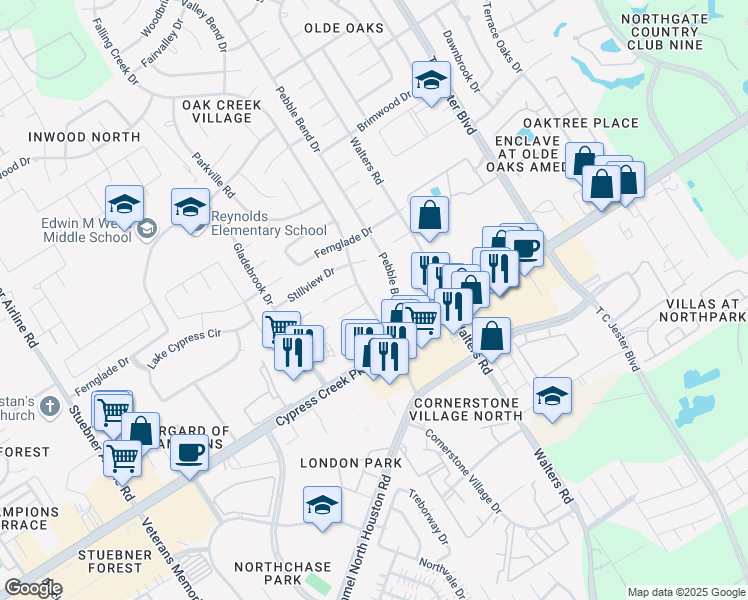 map of restaurants, bars, coffee shops, grocery stores, and more near 14646 Falling Creek Drive in Houston