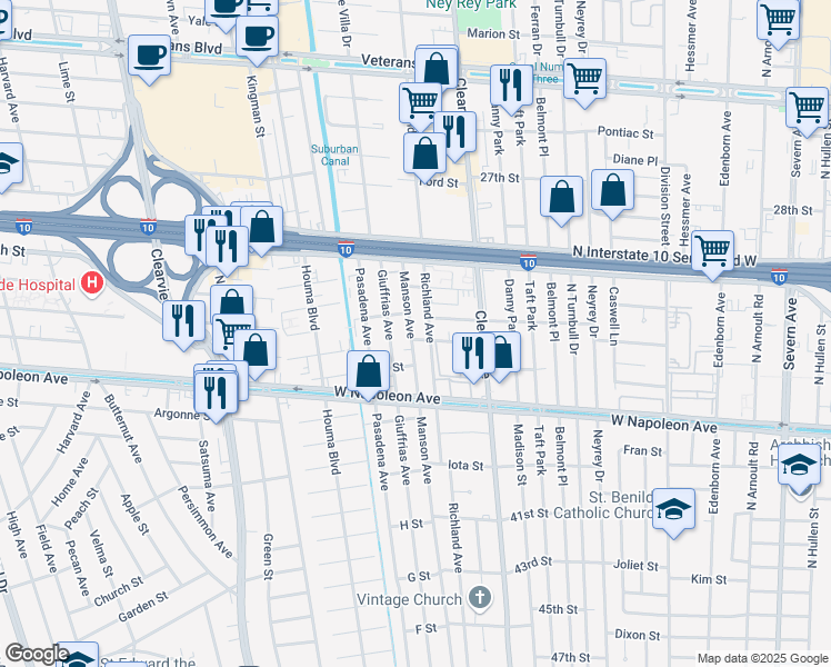map of restaurants, bars, coffee shops, grocery stores, and more near 4048 Durand St in Metairie