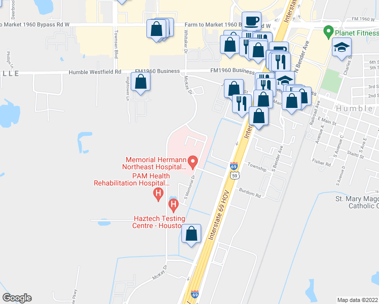 map of restaurants, bars, coffee shops, grocery stores, and more near 18951 North Memorial Drive in Humble