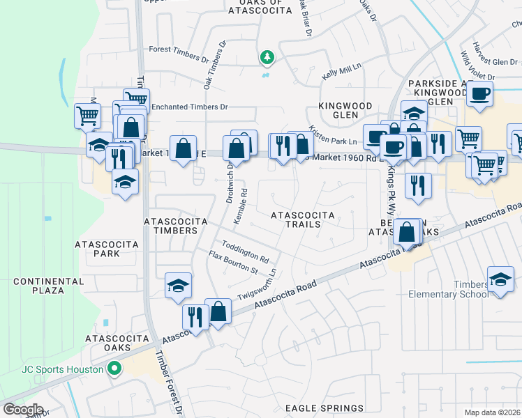 map of restaurants, bars, coffee shops, grocery stores, and more near 5819 Skewen Street in Humble