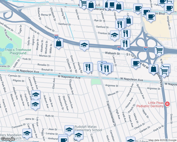 map of restaurants, bars, coffee shops, grocery stores, and more near 5212 Zenith Street in Metairie