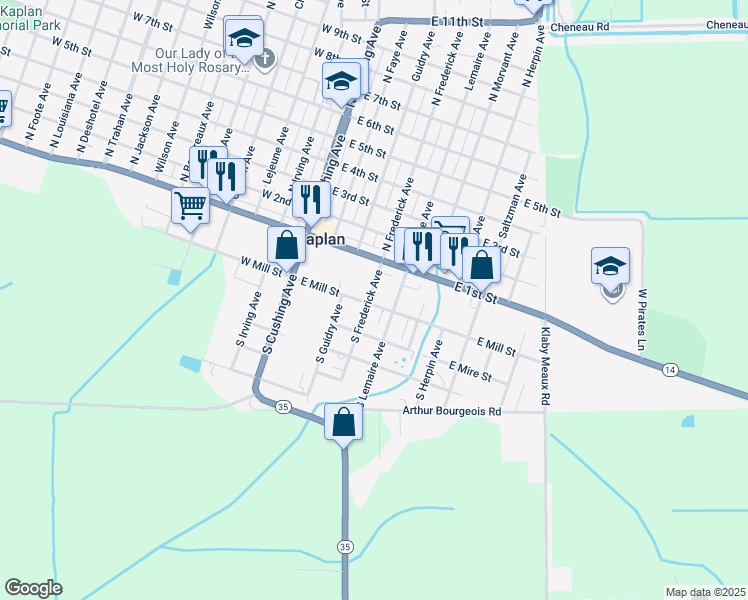 map of restaurants, bars, coffee shops, grocery stores, and more near 301 South Frederick Avenue in Kaplan