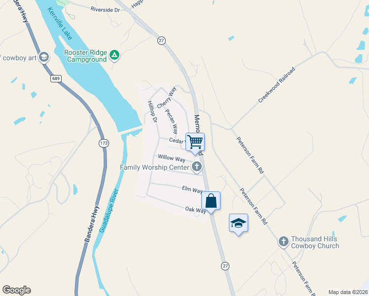 map of restaurants, bars, coffee shops, grocery stores, and more near 127 Ace Ranch Road in Kerrville