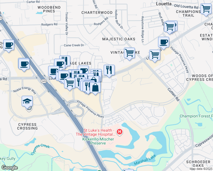 map of restaurants, bars, coffee shops, grocery stores, and more near 19929 Chasewood Park Drive in Houston