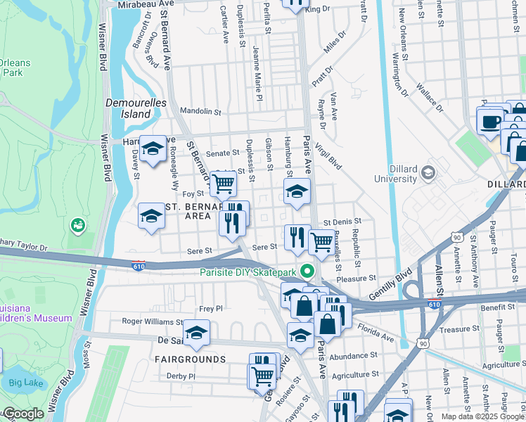 map of restaurants, bars, coffee shops, grocery stores, and more near 1470 Milton Street in New Orleans
