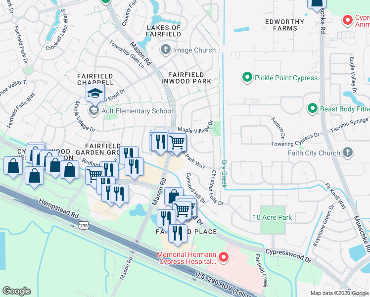 map of restaurants, bars, coffee shops, grocery stores, and more near 15231 Maple Meadows Drive in Cypress
