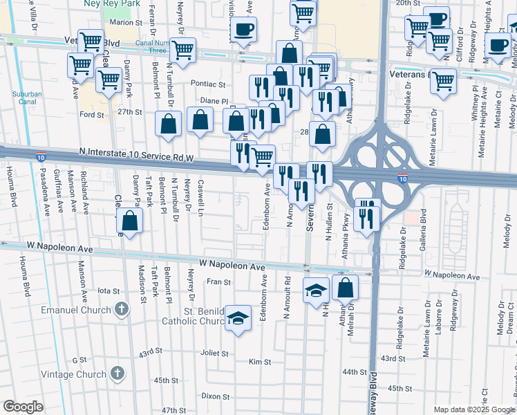 map of restaurants, bars, coffee shops, grocery stores, and more near 2401 Division Street in Metairie