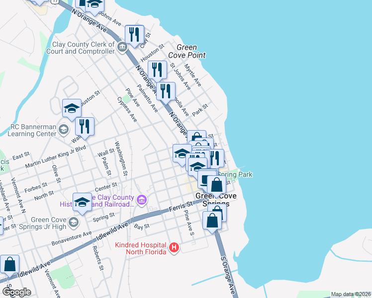 map of restaurants, bars, coffee shops, grocery stores, and more near 327 North Orange Avenue in Green Cove Springs