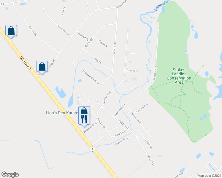 map of restaurants, bars, coffee shops, grocery stores, and more near 286 Venetian Blvd in St Augustine