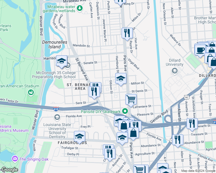 map of restaurants, bars, coffee shops, grocery stores, and more near 1476 Milton Street in New Orleans