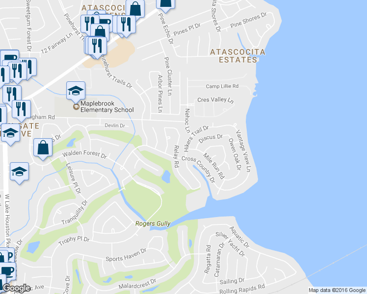 map of restaurants, bars, coffee shops, grocery stores, and more near 19119 Hikers Trail Drive in Humble