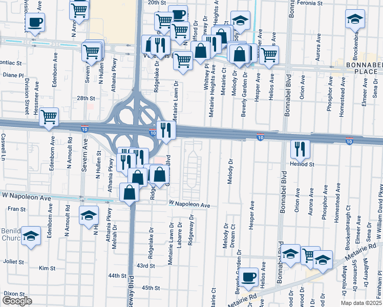 map of restaurants, bars, coffee shops, grocery stores, and more near 2500 South Interstate 10 Service Road East in Metairie