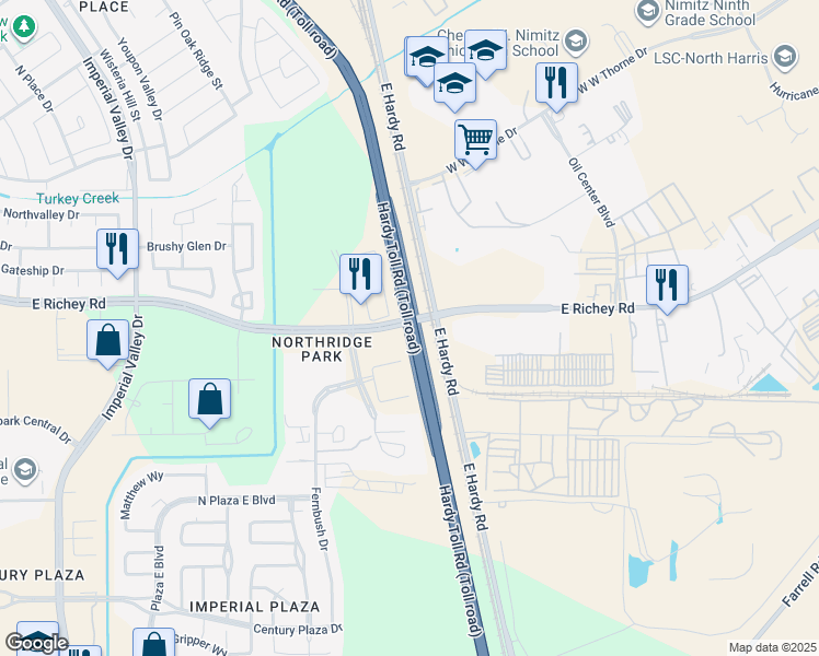 map of restaurants, bars, coffee shops, grocery stores, and more near Hardy Toll Road in Houston