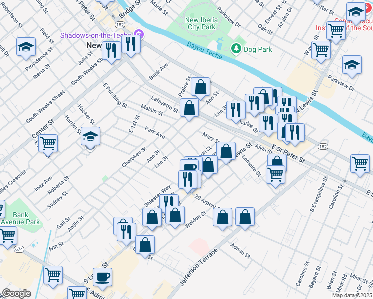 map of restaurants, bars, coffee shops, grocery stores, and more near 500 Lee Street in New Iberia