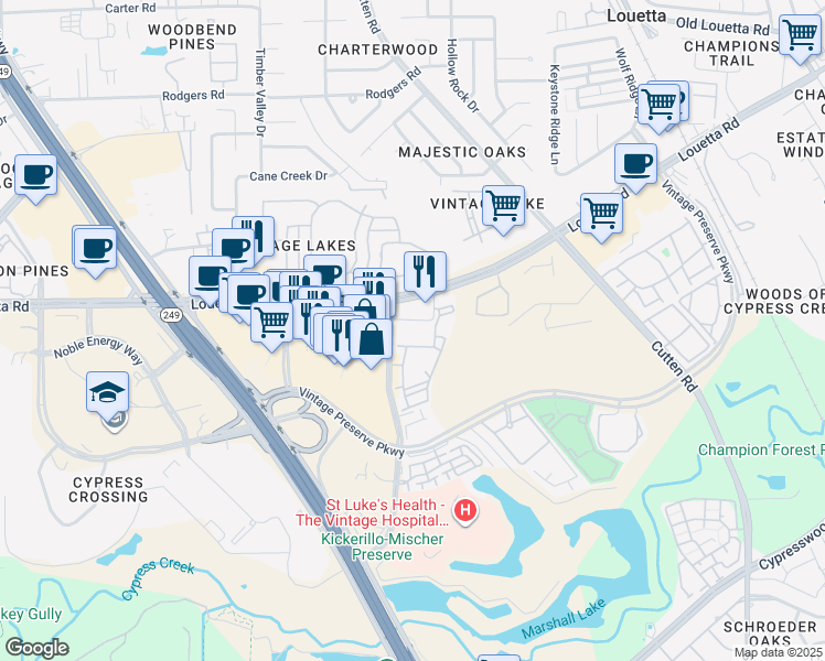 map of restaurants, bars, coffee shops, grocery stores, and more near 19929 Chasewood Park Drive in Houston