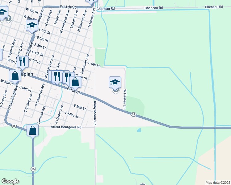 map of restaurants, bars, coffee shops, grocery stores, and more near 1099 West Pirates Lane in Kaplan